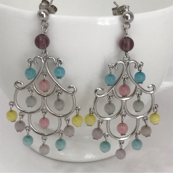 Vintage 925 Sterling Pastel Beaded Chandelier Earrings 3” Drop